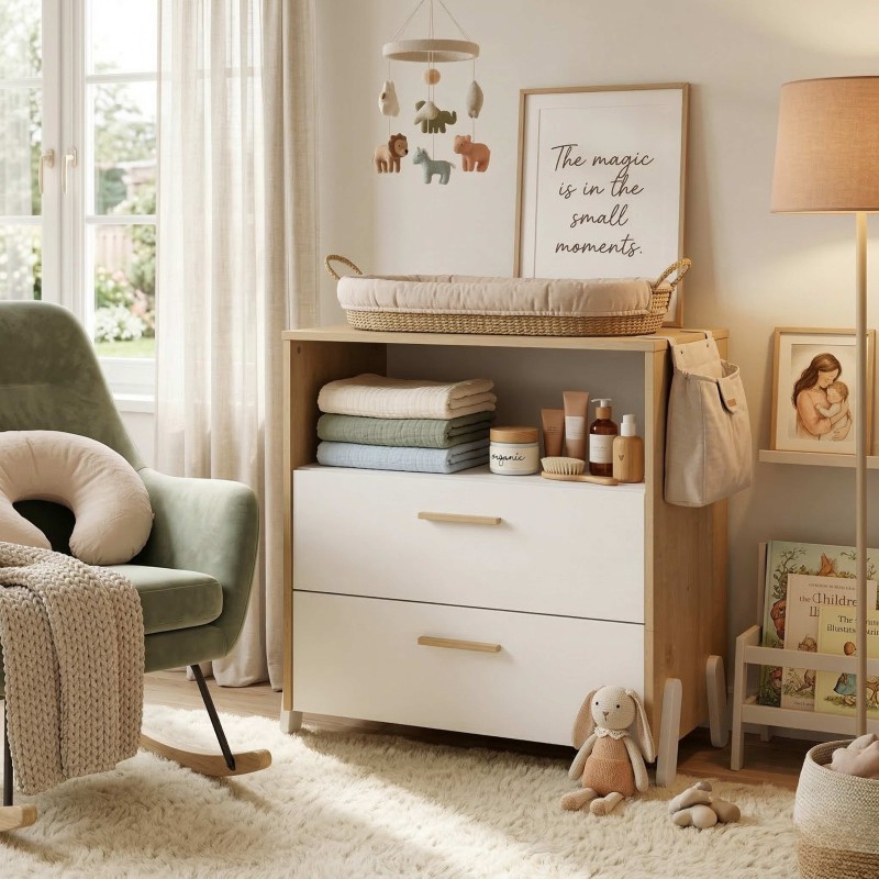 Cómoda Juvenil Infantil Naili 2 Cajones Blanco Mate Y Roble Hamilton 73x74 cm