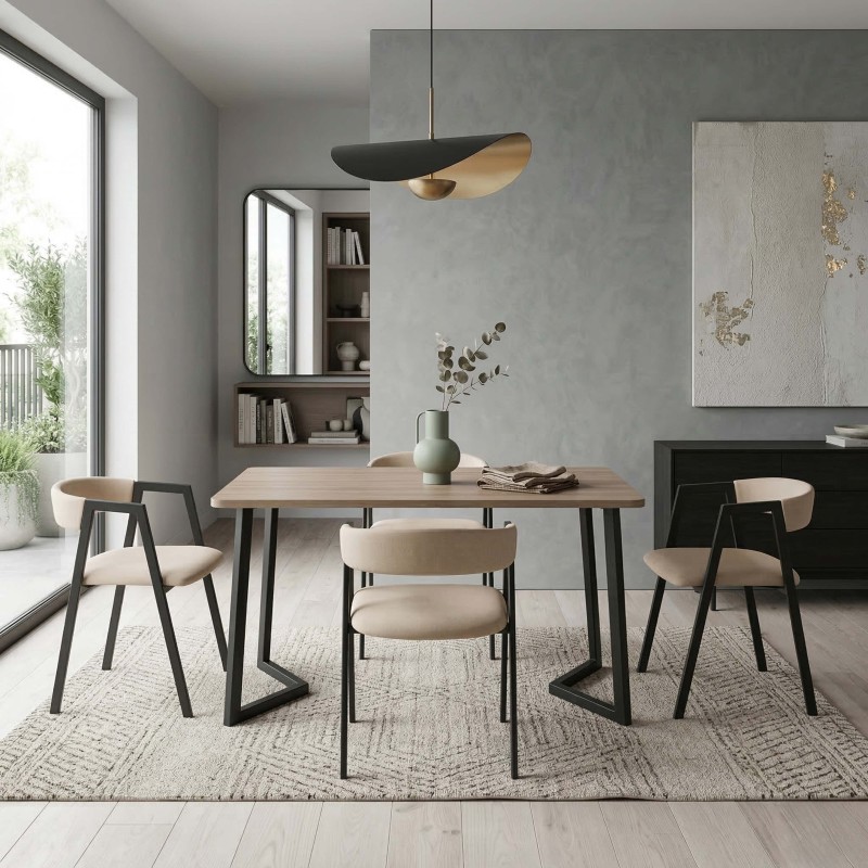 Conjunto Mesa Fija Comedor y 4 Sillas Bergam Color Roble y Beige