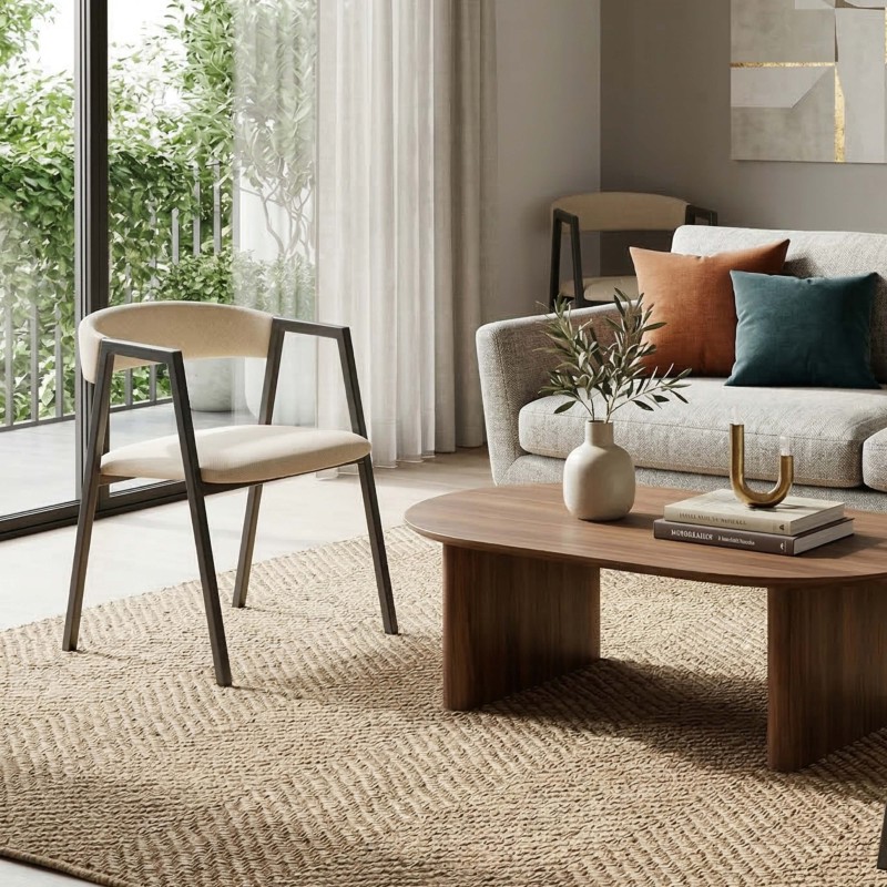 Conjunto Mesa Fija Comedor y 4 Sillas Bergam Color Roble y Beige