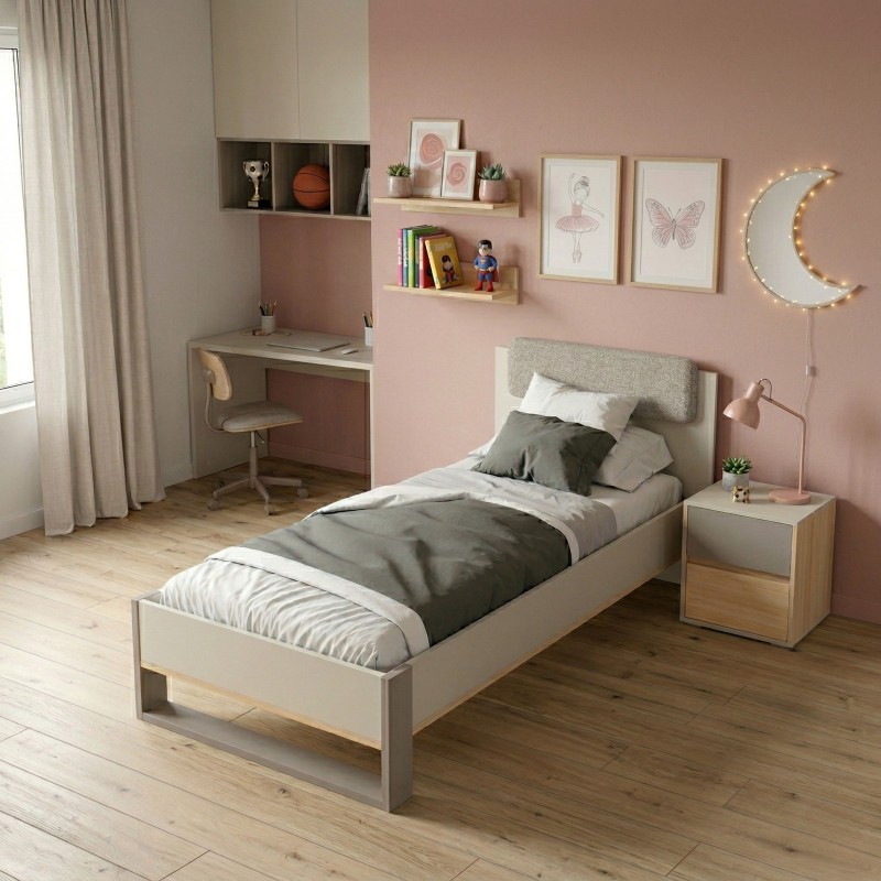 Cama Juvenil Camillia Con Cabecero Color Gris y Arcilla 90x200 cm