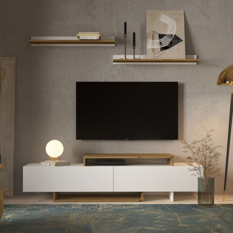 Pack 4 Muebles Salón Completo Opole Blanco Mate y Roble Claro Diseño Nórdico