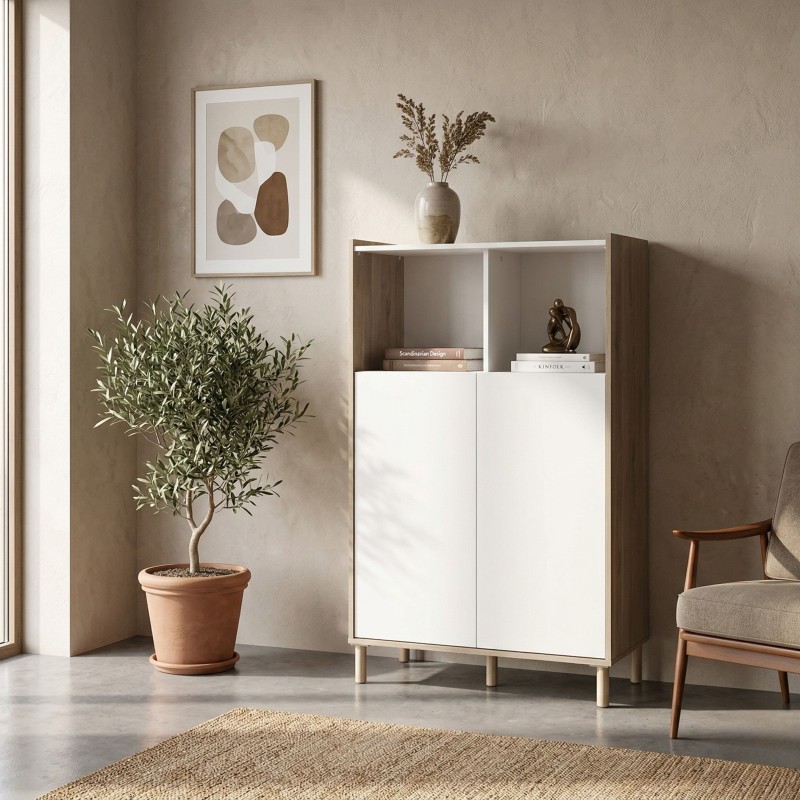 Aparador Azzaro Salón 2 puertas Roble Japonés y Blanco Mate 84x135 cm