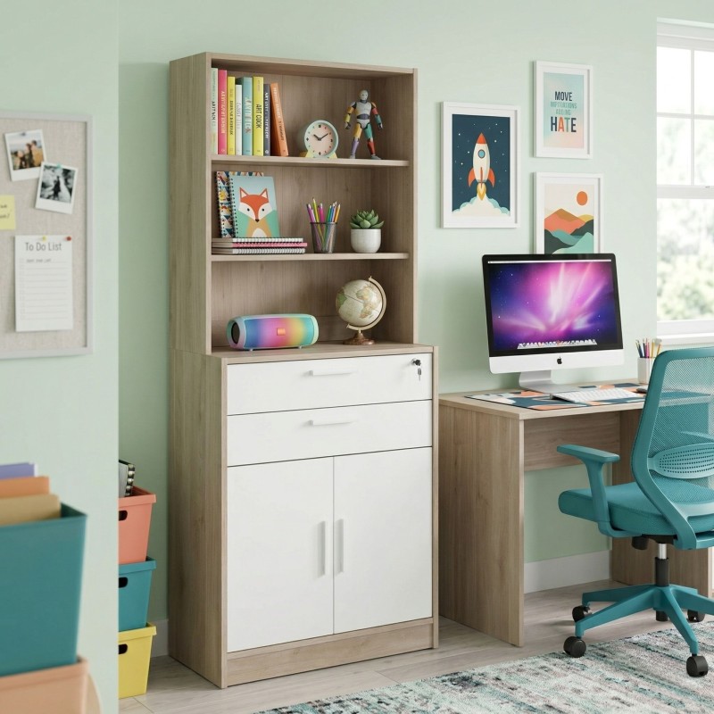 Estantería de Oficina 2 Cajones Veltis Blanco mate y Roble Japonés 79x202x40 cm