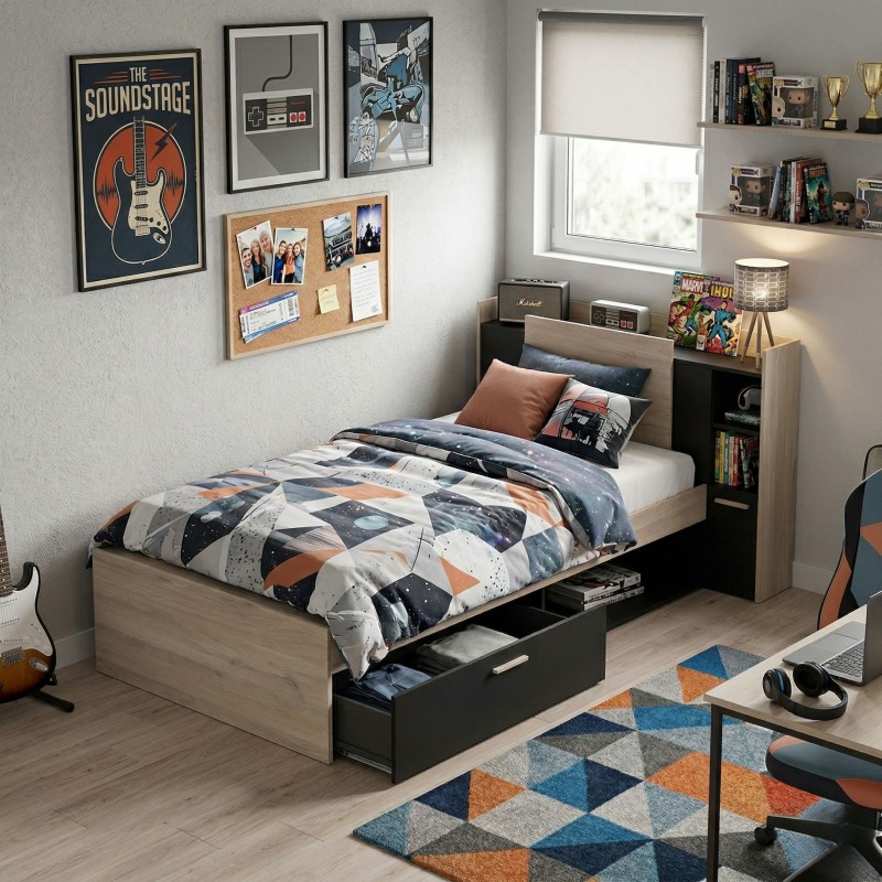 Cama Juvenil Life Con Cabecero Estilo Industrial Color Roble Kronberg Y Negro 90x190-200 cm