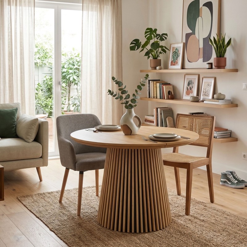 Mesa Comedor Redonda Extensible Árbol Roble Claro 120-200x120 cm