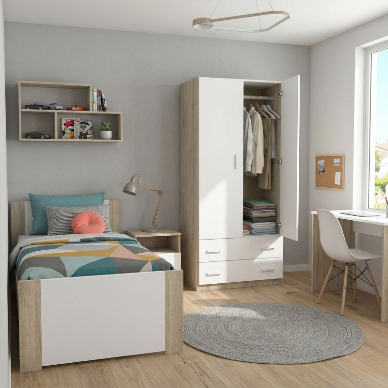 Armario Juvenil Turín Dormitorio Juvenil 2 Cajones Roble Cambrian y Blanco Mate