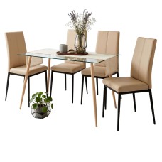 Conjunto Mesa Cristal y 4 Sillas Comedor Color Beige y Negro