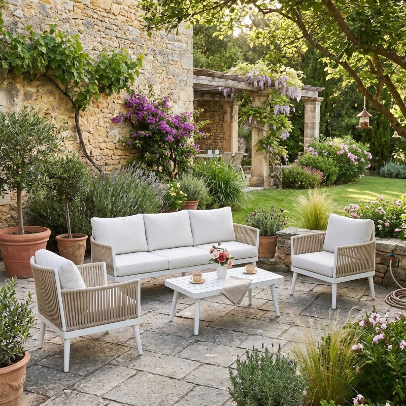 Conjunto 1 sofá 2 sillones y mesa de centro Exterior Jardín Ibiza Color Blanco