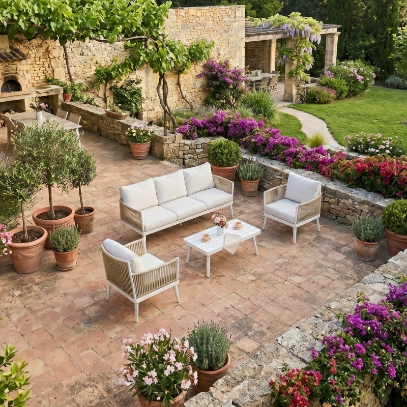 Conjunto 1 sofá 2 sillones y mesa de centro Exterior Jardín Ibiza Color Blanco