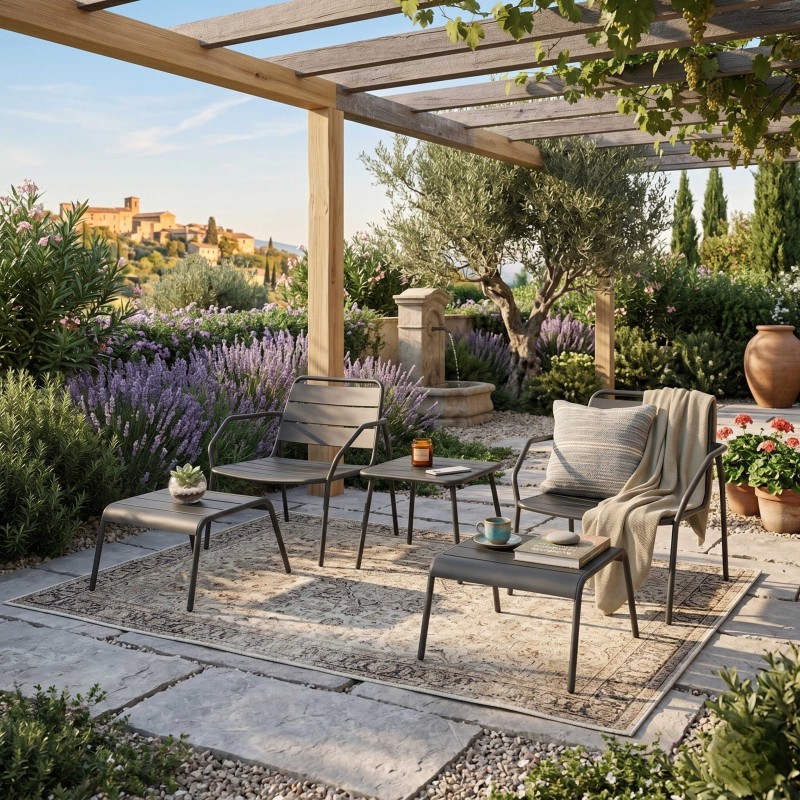Conjunto 2 Sillas 2 Reposapiés y 1 mesa de centro Exterior Jardín Phuket Color Gris Grafito