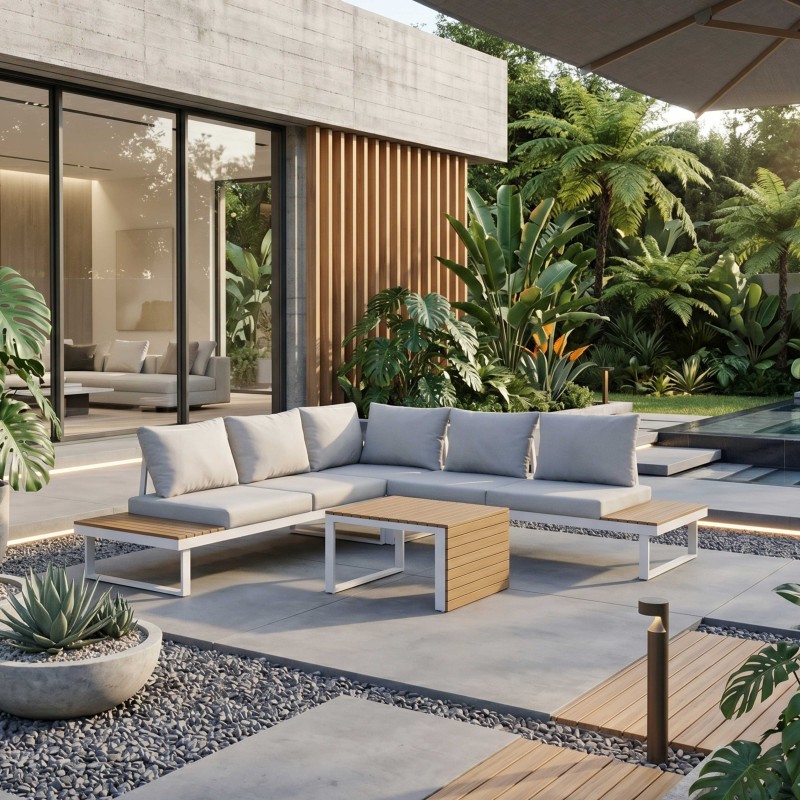 Conjunto 2 sofás 1 rinconero y mesa de centro Exterior Jardín Gandía Color Blanco y Marrón