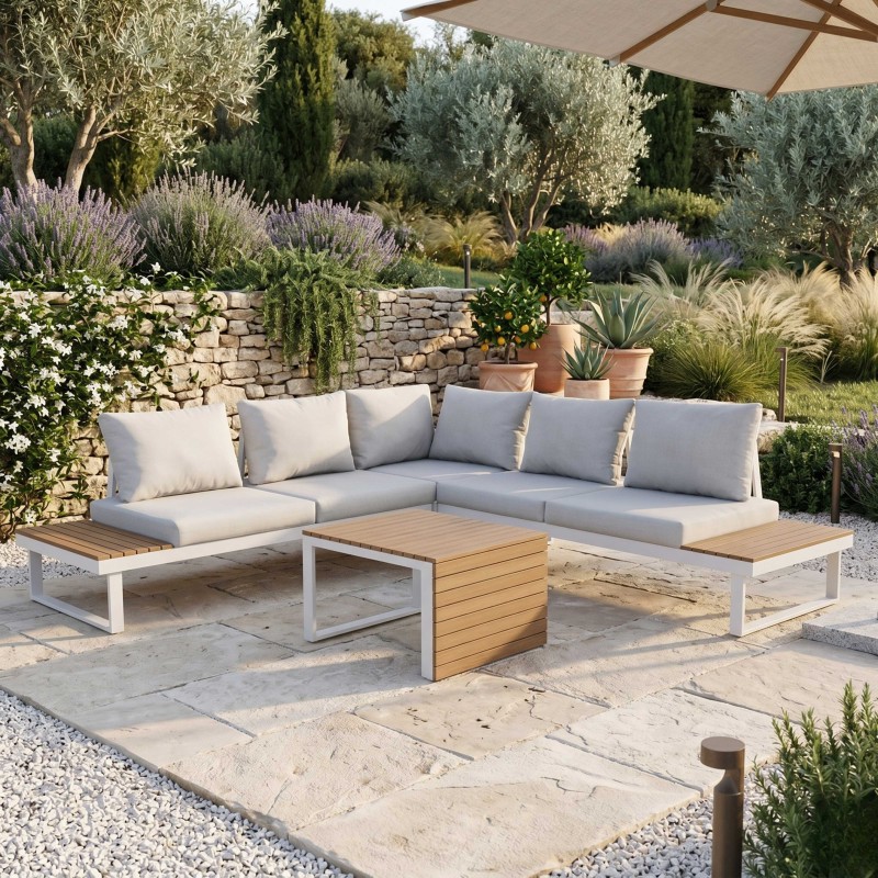 Conjunto 2 sofás 1 rinconero y mesa de centro Exterior Jardín Gandía Color Blanco y Marrón