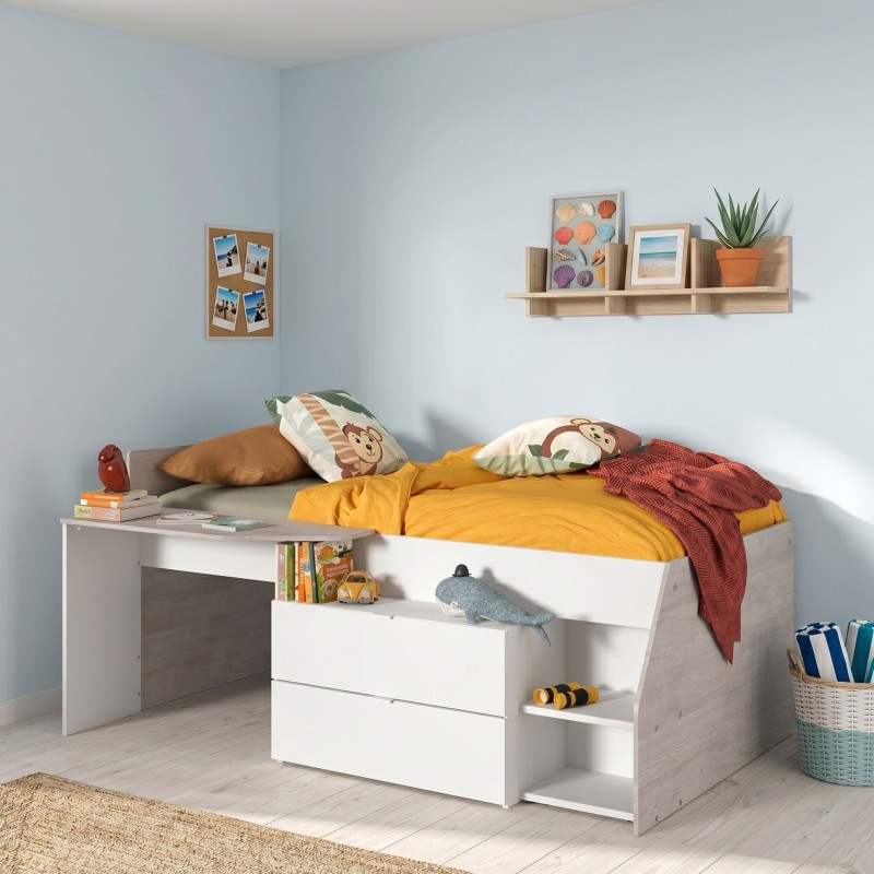 Cama Juvenil con Escritorio Valky Blanca y Gris 90x200/190 cm