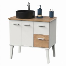 Mueble De Baño Con Patas Aqua Blanco Brillo Y Roble Gold 82 cm (Con Lavabo Negro)
