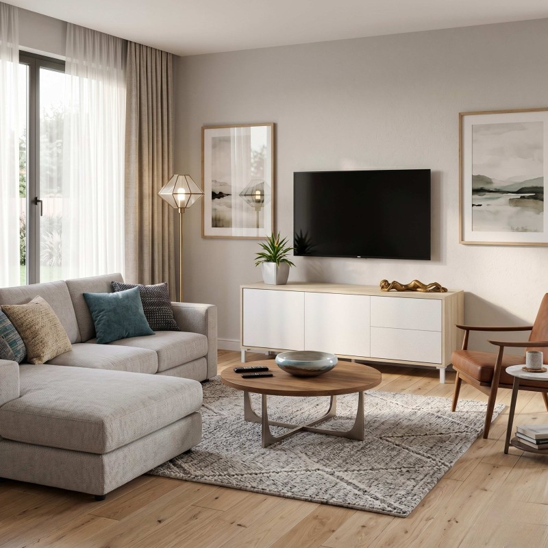Mueble TV Brooklyn 130 cm color roble Canadian y Blanco Artik
