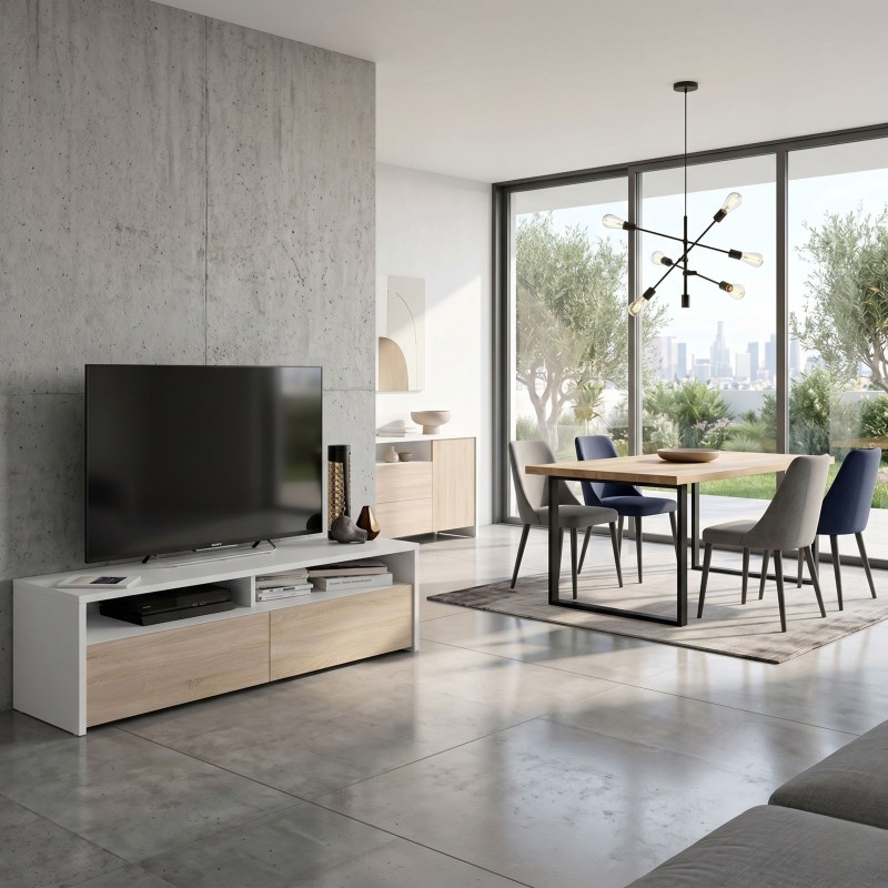 Mesa Multimedia TV Color Blanco Artik Y Roble Canadian 130 cm