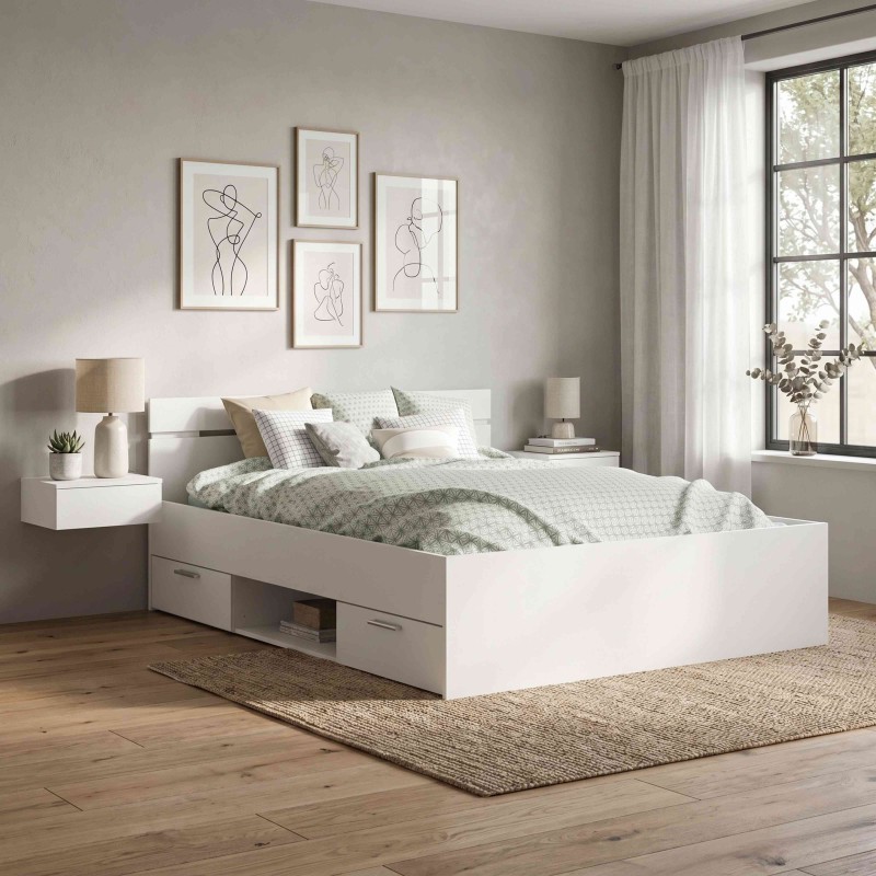 Cama Doble Michigan Color Blanco Con Cajones 135 O 140 cm