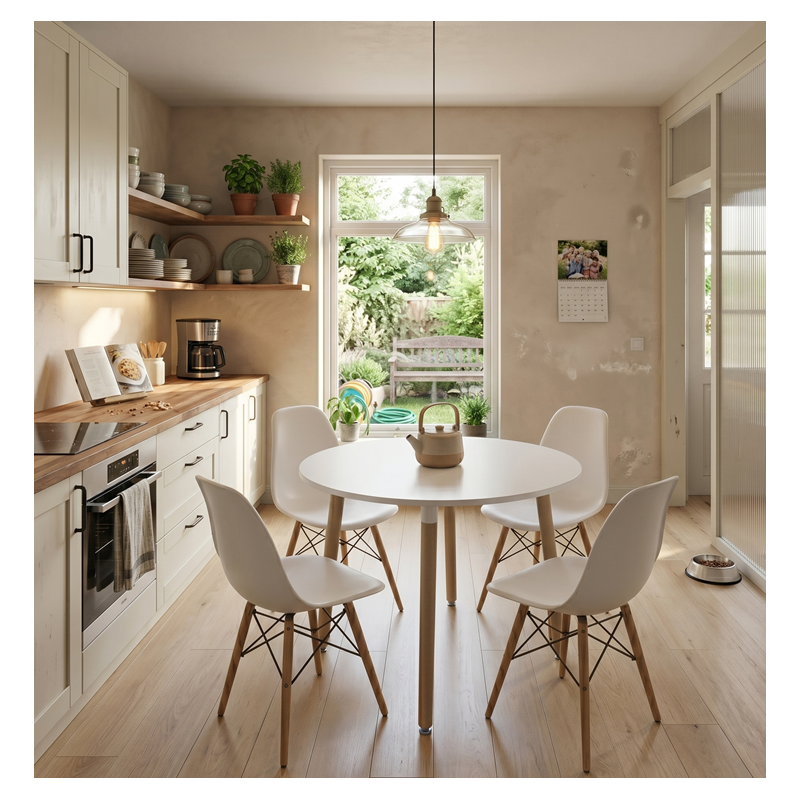 Conjunto mesa fija con 4 sillas Roble y Blanco 2