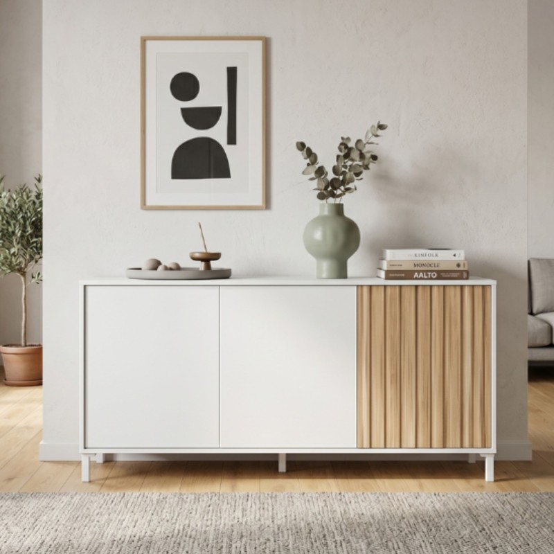 Aparador Ethna Salón 3 Puertas En Blanco Y Natur 154 cm