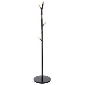 Perchero de pie negro con tallo central y ramas de madera natural para colgar prendas