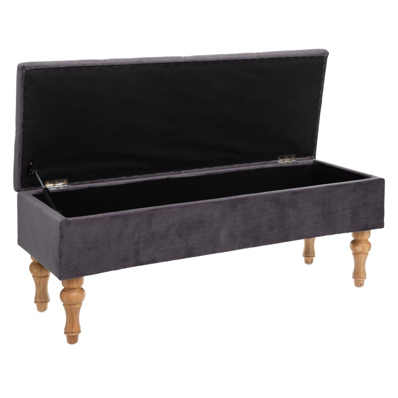 Baúl tapizado en gris oscuro con tapa abatible y patas de madera natural talladas