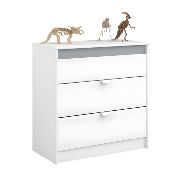 Cómoda infantil blanca con tres cajones y franja gris superior decorada con esqueletos de dinosaurios de madera