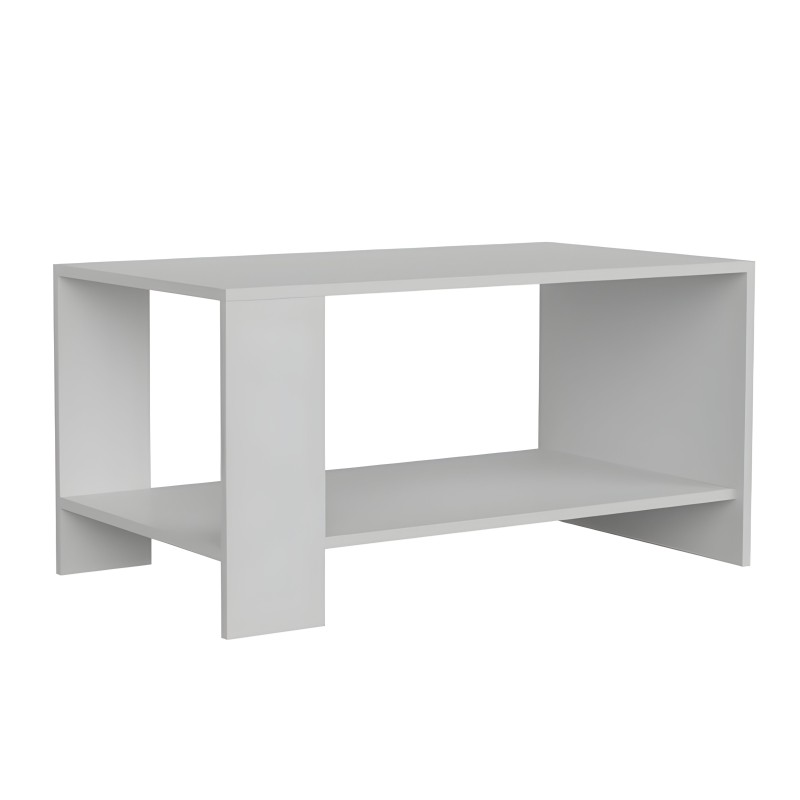 Mesa de centro rectangular blanca con estante inferior y estructura lateral abierta