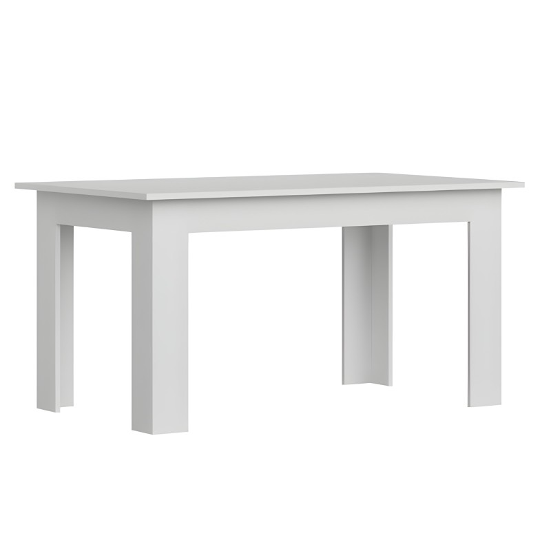 Mesa de comedor rectangular blanca con patas cuadradas y espacio abierto en el centro