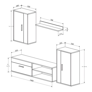 Planos técnicos de armario rectangular con puerta corredera y mueble bajo con cajones y estantes abiertos