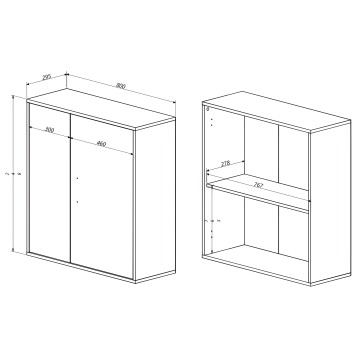 Armario rectangular con puertas correderas y estante interior ajustable visto en plano técnico frontal y lateral