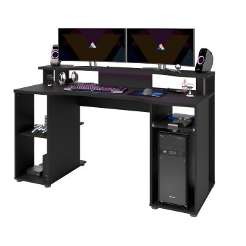 Escritorio gaming negro con estante superior y compartimentos laterales para ordenador y accesorios