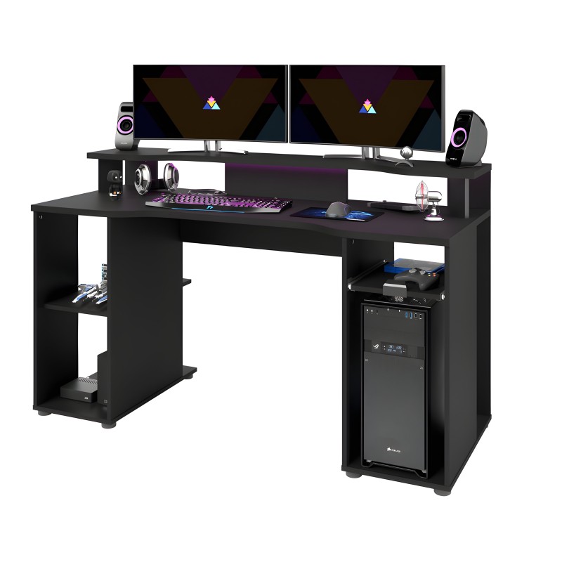 Escritorio gaming negro con estante superior y compartimentos laterales para ordenador y accesorios