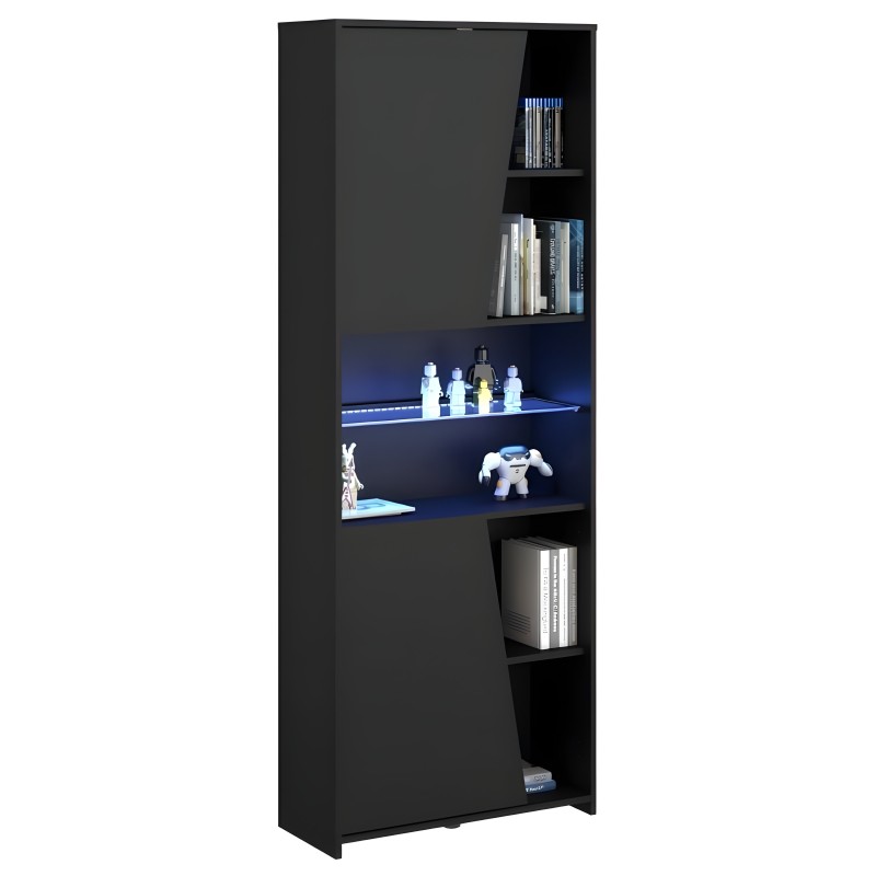 Estantería negra con compartimentos abiertos y baldas iluminadas azules para libros y decoración