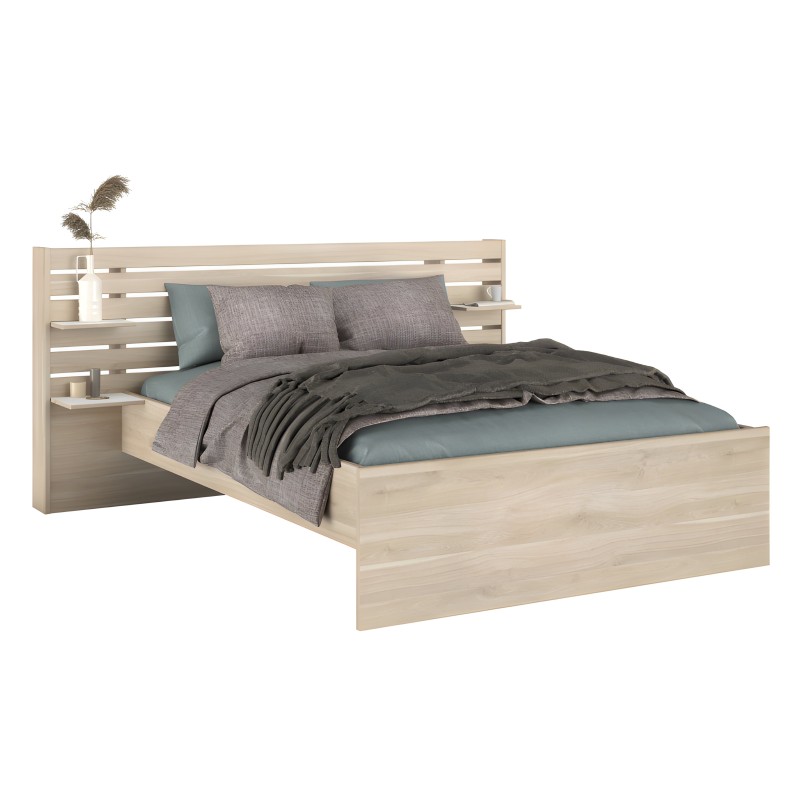 Cama de madera clara con cabecero de listones horizontales y repisas integradas decorada con ropa de cama gris y azul