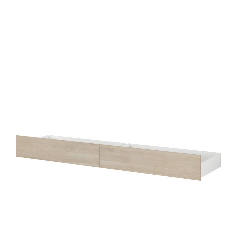 Cajón bajo cama madera clara y blanco con dos divisiones y asas integradas