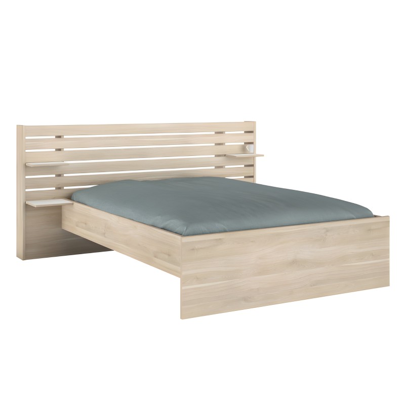 Cama de madera clara con cabecero de lamas y colchón azul grisáceo