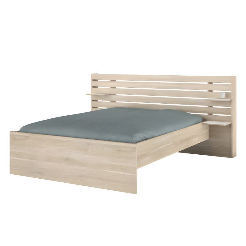 Cama de madera clara con cabecero de listones horizontales y colchón gris azulado incluido