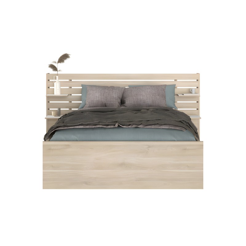 Cama de madera clara con cabecero de listones y almohacenaje integrado vestida con ropa de cama gris y azul