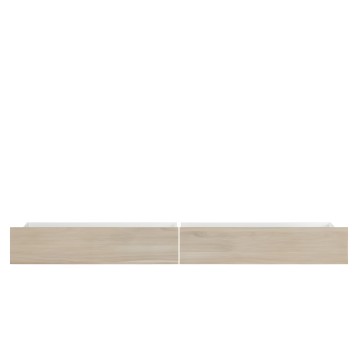 Cajonera de madera clara con dos módulos separados y tiradores metálicos blancos