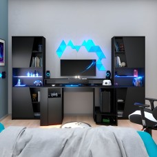 Pack gaming con LED color negro (mesa + 2 estanterías)