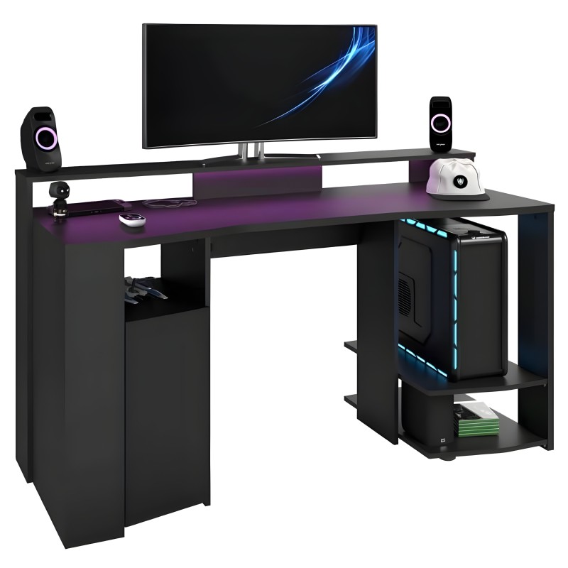 Escritorio gaming negro con tablero púrpura y monitor aéreo incluye estantes y compartimentos laterales