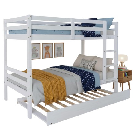 Cama litera blanca infantil con estructura de madera y dos camas con textiles azules y amarillos en ambiente decorado