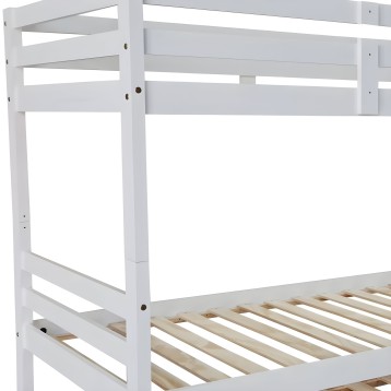 Cama litera blanca de madera con estructura de barras y somier de listones de madera natural vista frontal