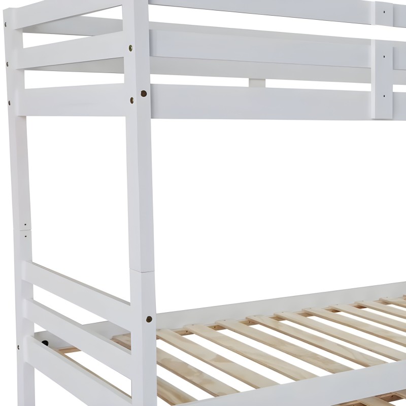 Cama litera blanca de madera con estructura de barras y somier de listones de madera natural vista frontal