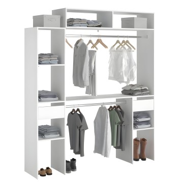 Armario abierto blanco modular con estantes y barras para colgar ropa y guardar calzado