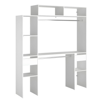Armario modular blanco y gris con estantes abiertos y barras de colgar integradas