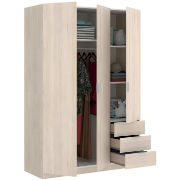Armario de madera clara con  tres cajones inferiores mostrando interior con ropa y almacenaje