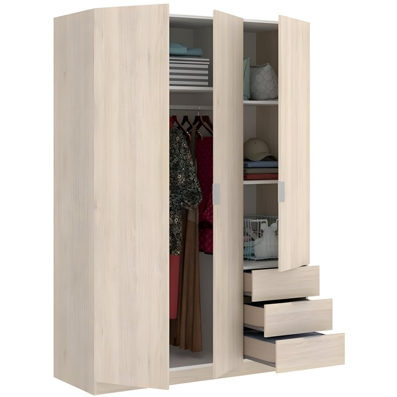 Armario de madera clara con  tres cajones inferiores mostrando interior con ropa y almacenaje