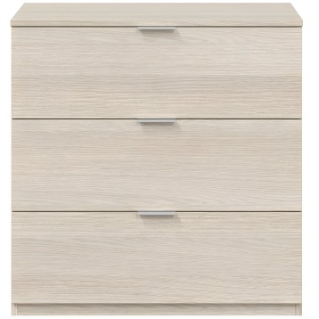 Cajonera de madera clara con tres cajones y tiradores metálicos vista frontal