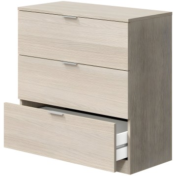 Cómoda de madera color blanco con tres cajones y asas metálicas integradas